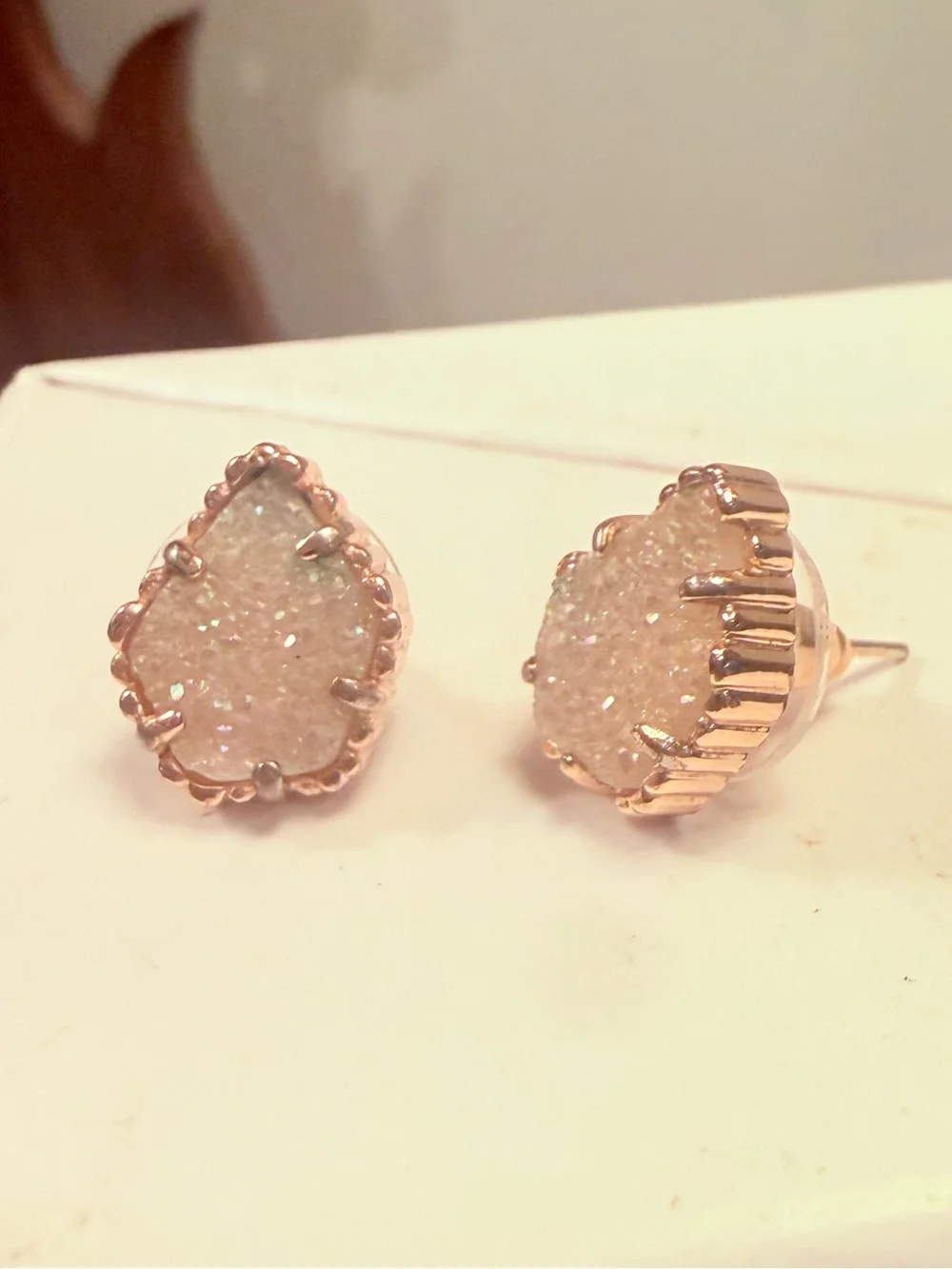 Kendra Scott Tessa White Iridescent Druzy Teardrop Stud Earrings Rose Gold